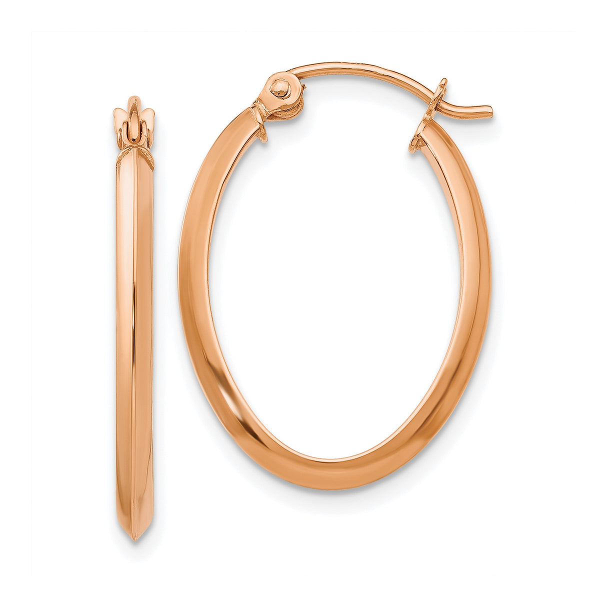 14k Rose Gold Oval Hoop Earrings with Smooth High-Polish Finish, Hinged Back, Lightweight Design