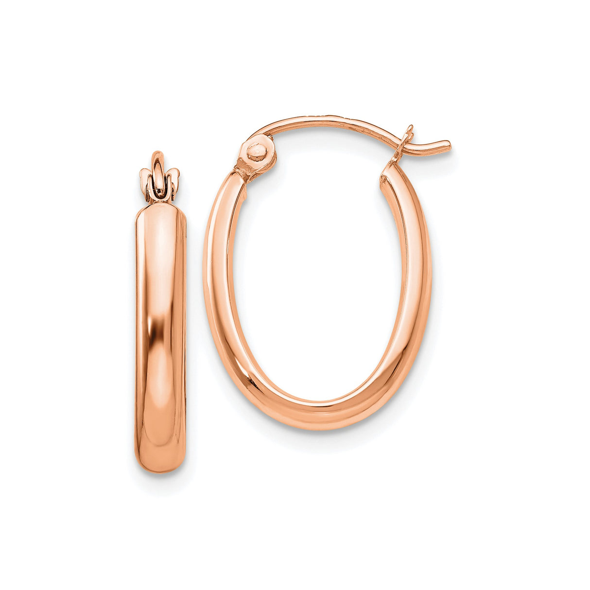 14k Rose Gold Oval Hoop Earrings, Polished Finish, Snap Back, Lightweight Tube Design