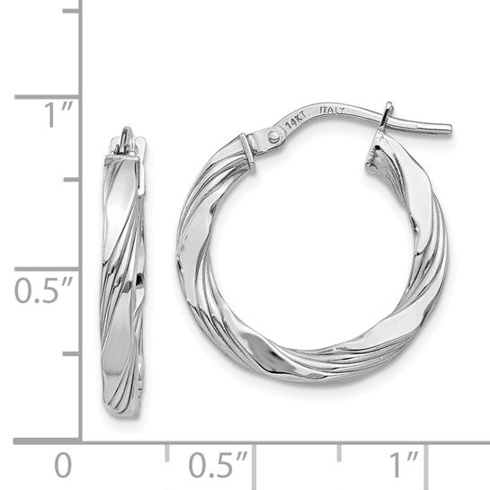 14k White Gold Twisted Hoop Earrings with Polished and Textured Finish, Lightweight Modern Design