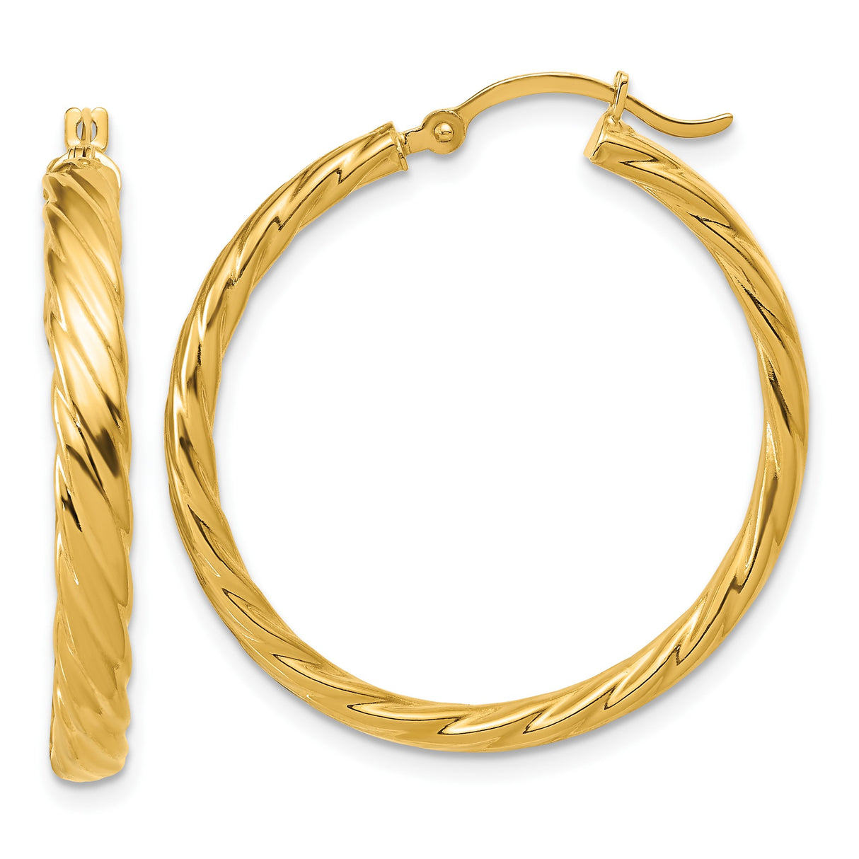 14k Yellow Gold Hoop Earrings, Twisted Rope Design with High Polish Finish
