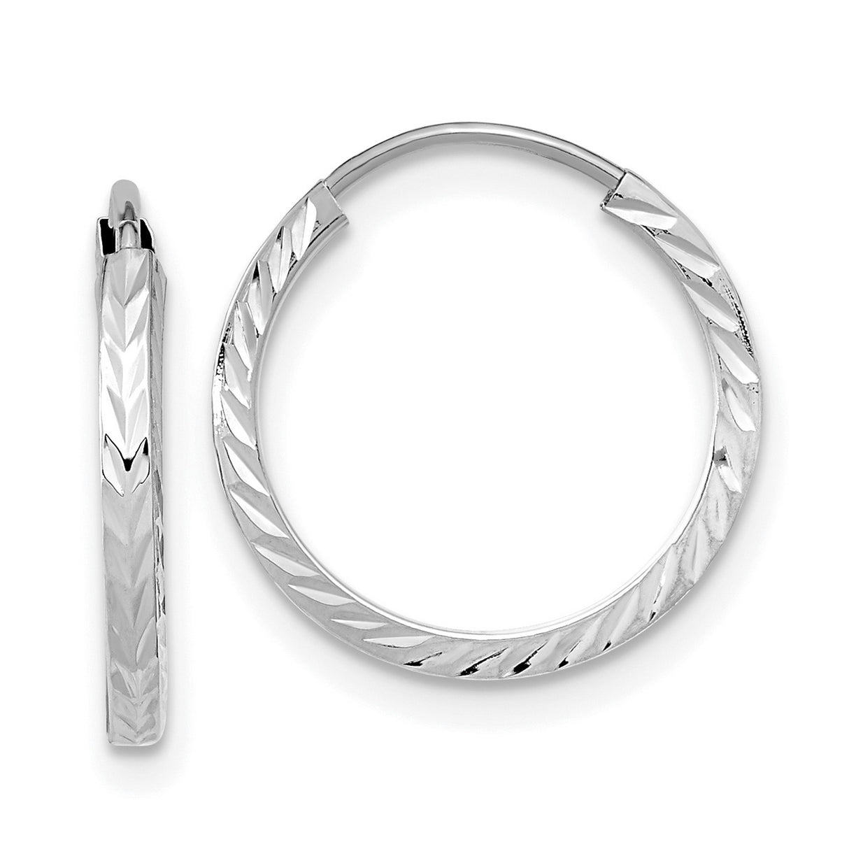 14k White Gold Hoop Earrings with Diamond Cut Leaf Pattern and Polished Finish