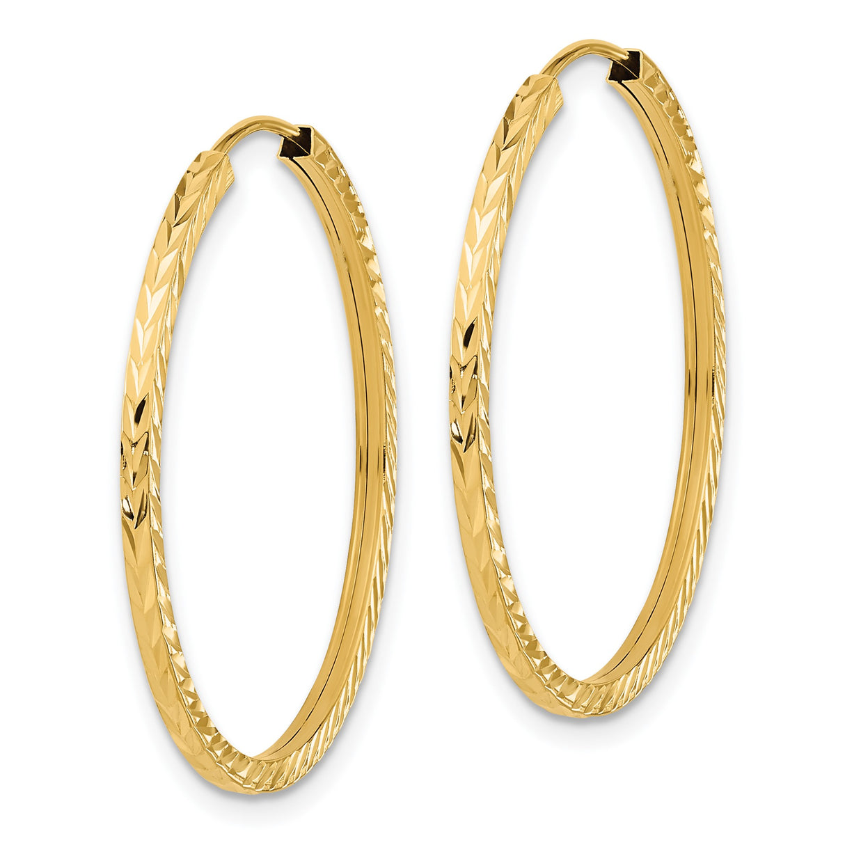 14k Yellow Gold Hoop Earrings, Diamond Cut Chevron Pattern, Lightweight Shine Finish