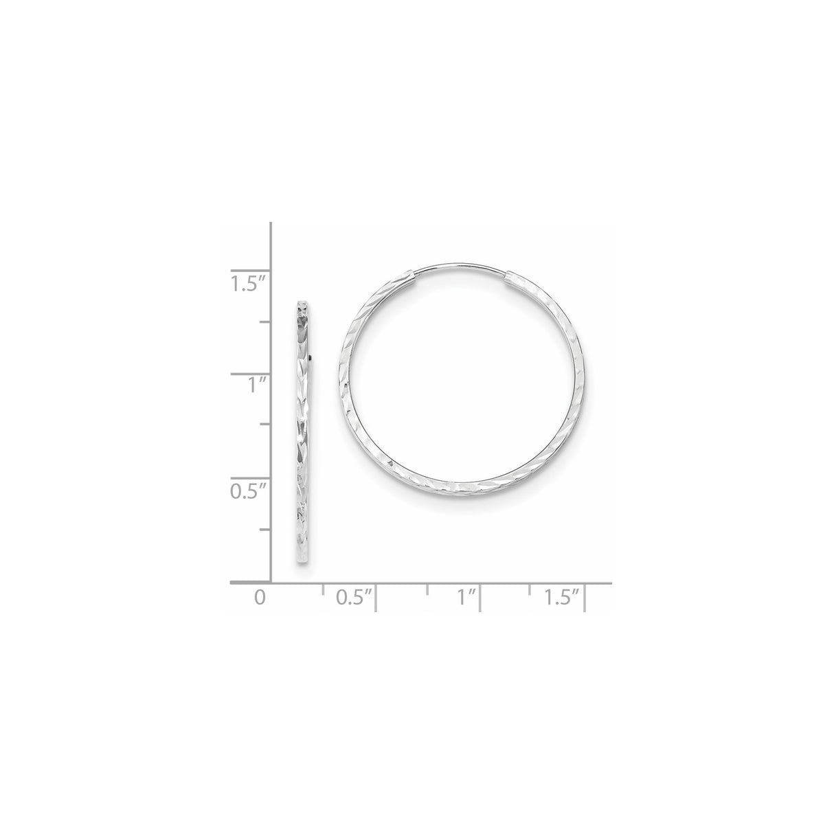 14k White Gold Hoop Earrings, Diamond Cut Textured Mirror Finish, Lightweight Endless Design