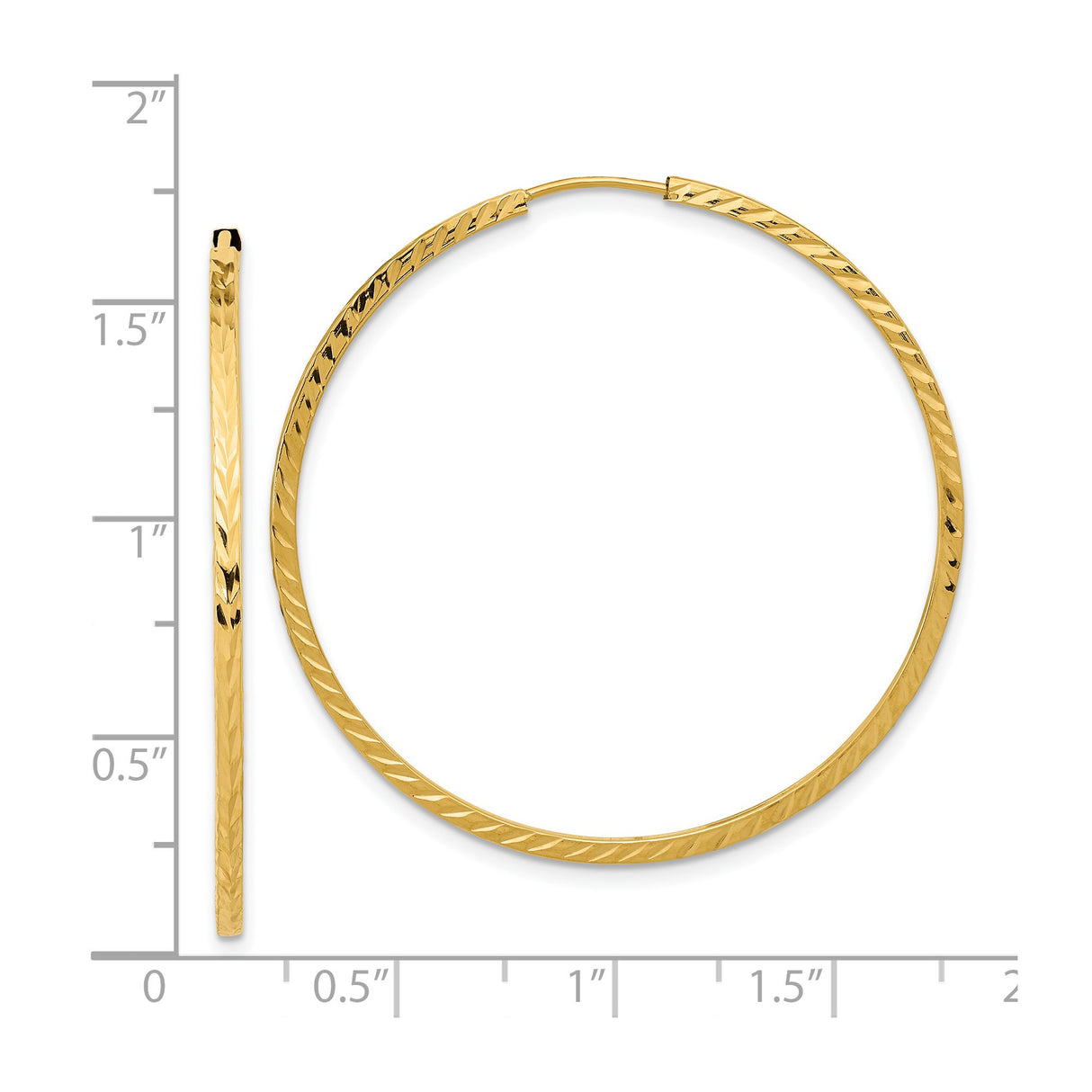 14k Yellow Gold Hoop Earrings, Textured Diamond Cut Design, Lightweight Endless Style for Women