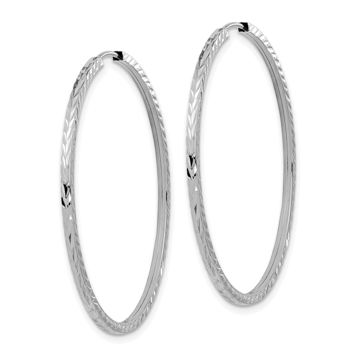14k White Gold Hoop Earrings, Diamond Cut Endless Design, Lightweight Classic Textured Style