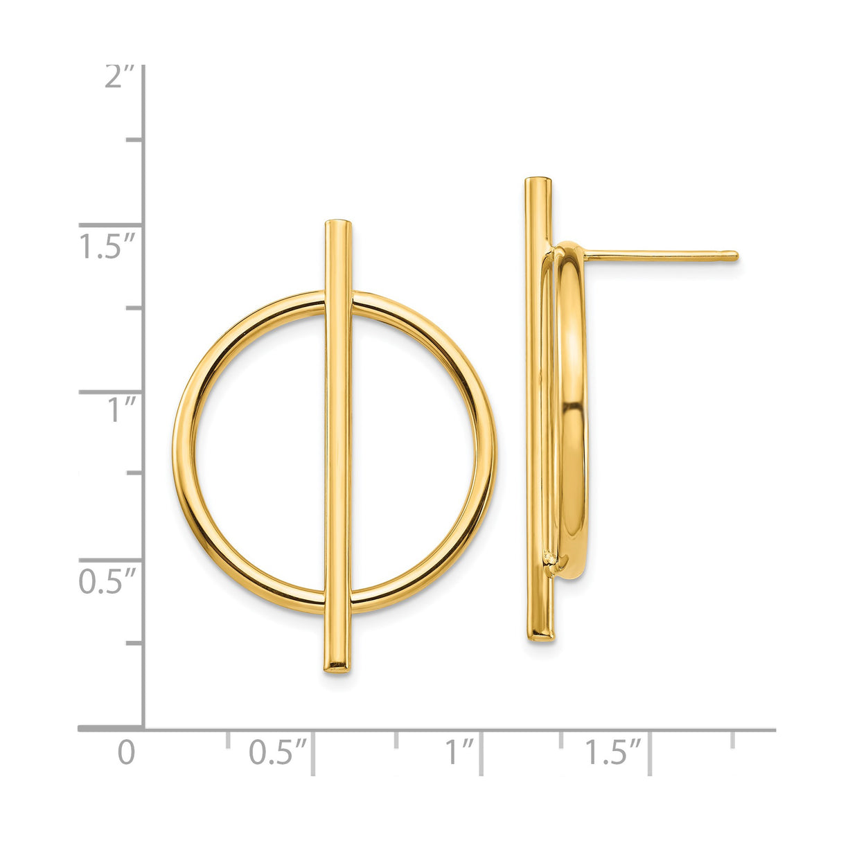 14k Yellow Gold Circle and Bar Stud Earrings, Modern Geometric Minimalist Design for Women