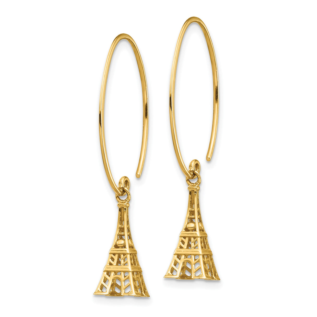 14k Yellow Gold Eiffel Tower Dangle Earrings, Paris Travel Theme for Women
