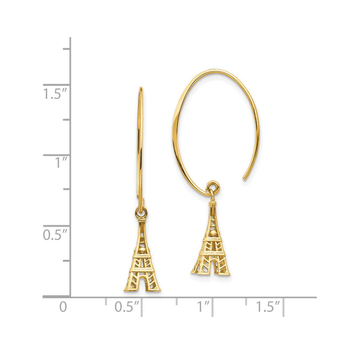 14k Yellow Gold Eiffel Tower Dangle Earrings, Paris Travel Theme for Women