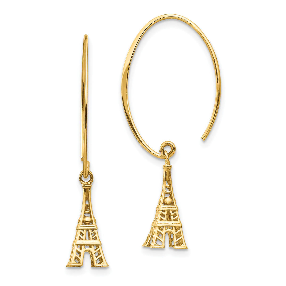 14k Yellow Gold Eiffel Tower Dangle Earrings, Paris Travel Theme for Women