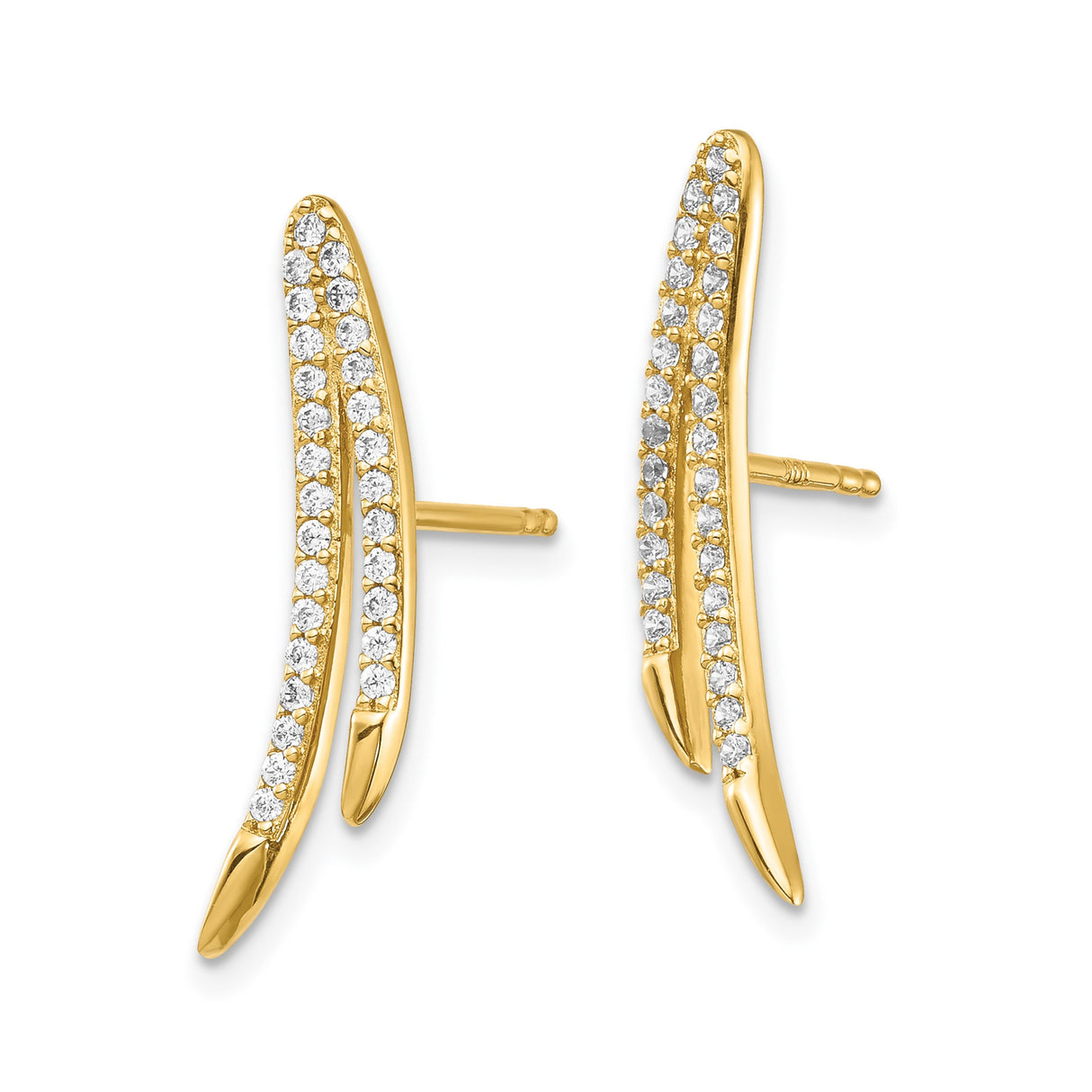14k Yellow Gold Ear Climber Earrings with Cubic Zirconia, Double Curve Design for Women