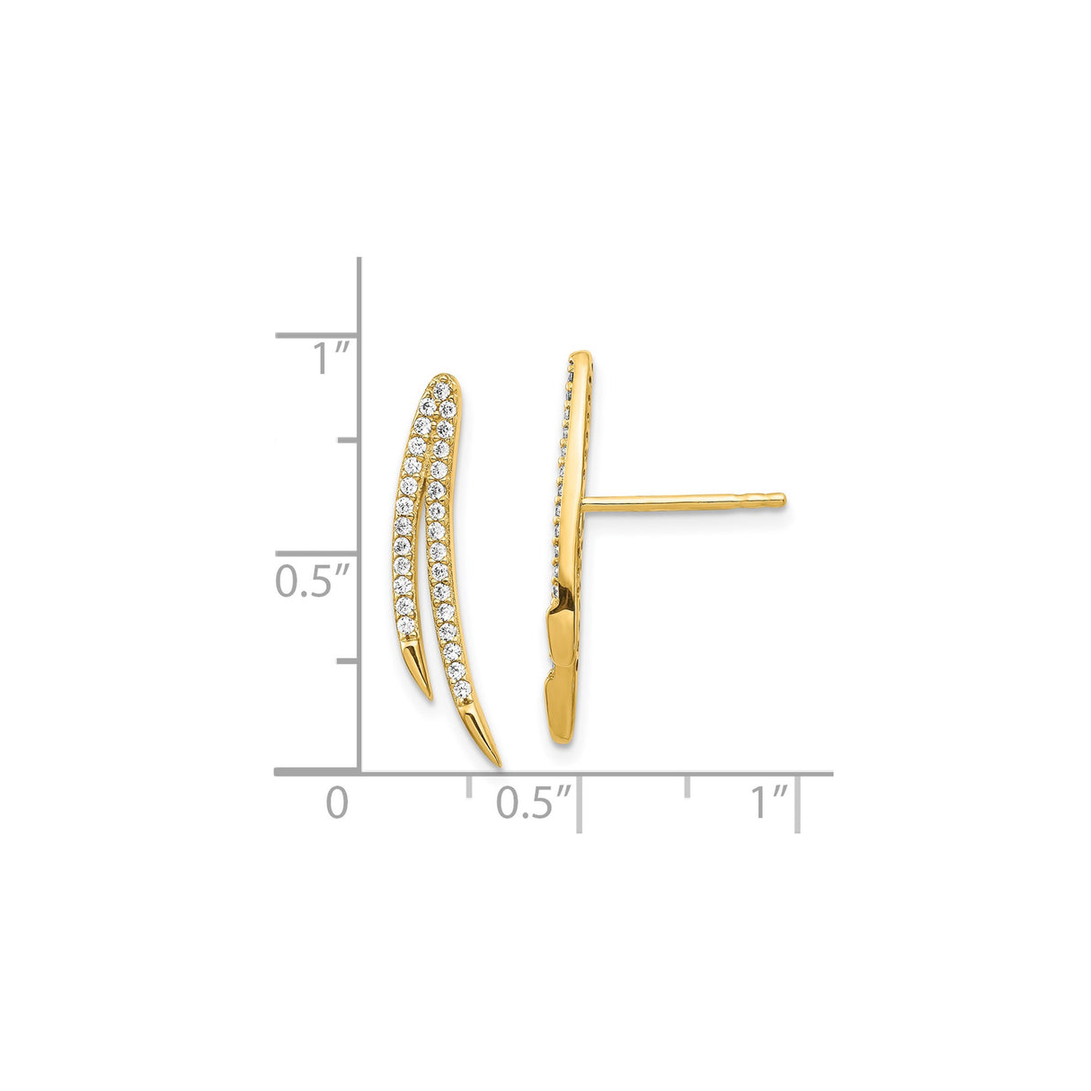 14k Yellow Gold Ear Climber Earrings with Cubic Zirconia, Double Curve Design for Women