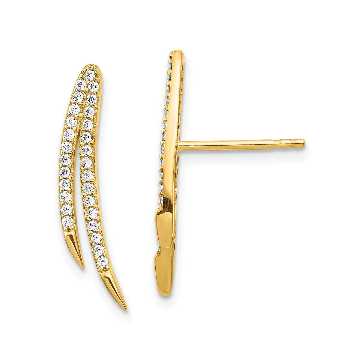 14k Yellow Gold Ear Climber Earrings with Cubic Zirconia, Double Curve Design for Women