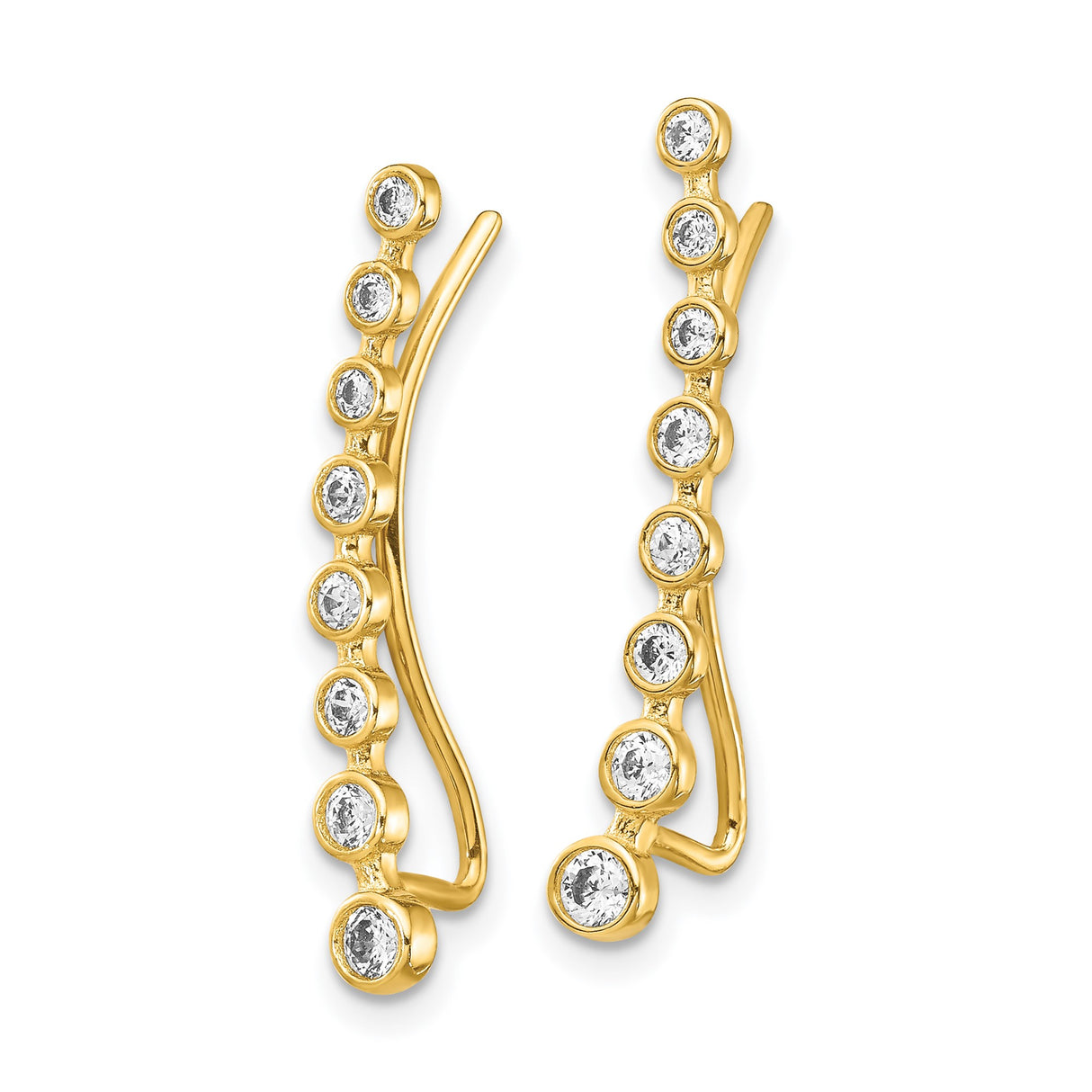 14k Yellow Gold Ear Climber Earrings with Cubic Zirconia, Curved Minimalist Design for Women