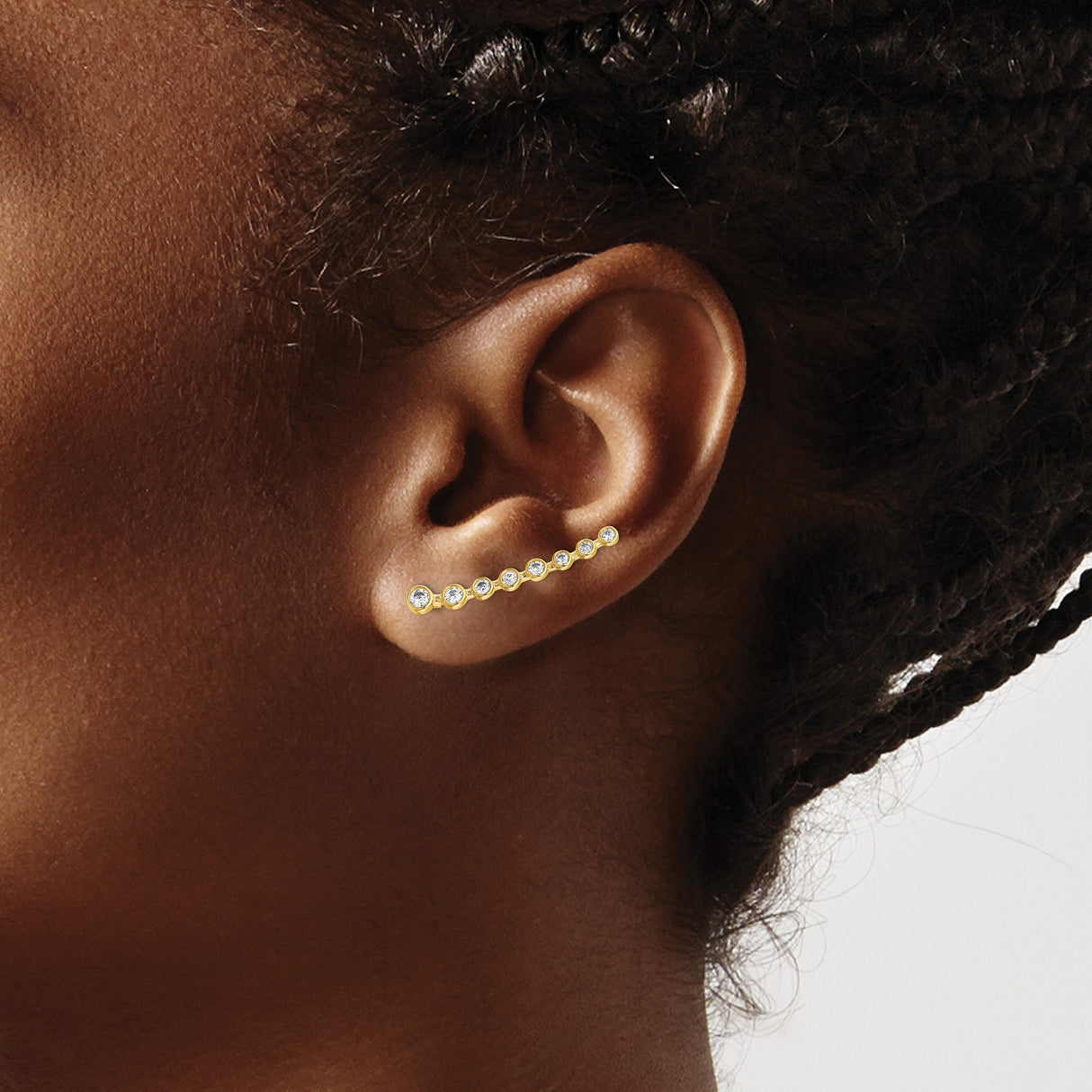 14k Yellow Gold Ear Climber Earrings with Cubic Zirconia, Curved Minimalist Design for Women