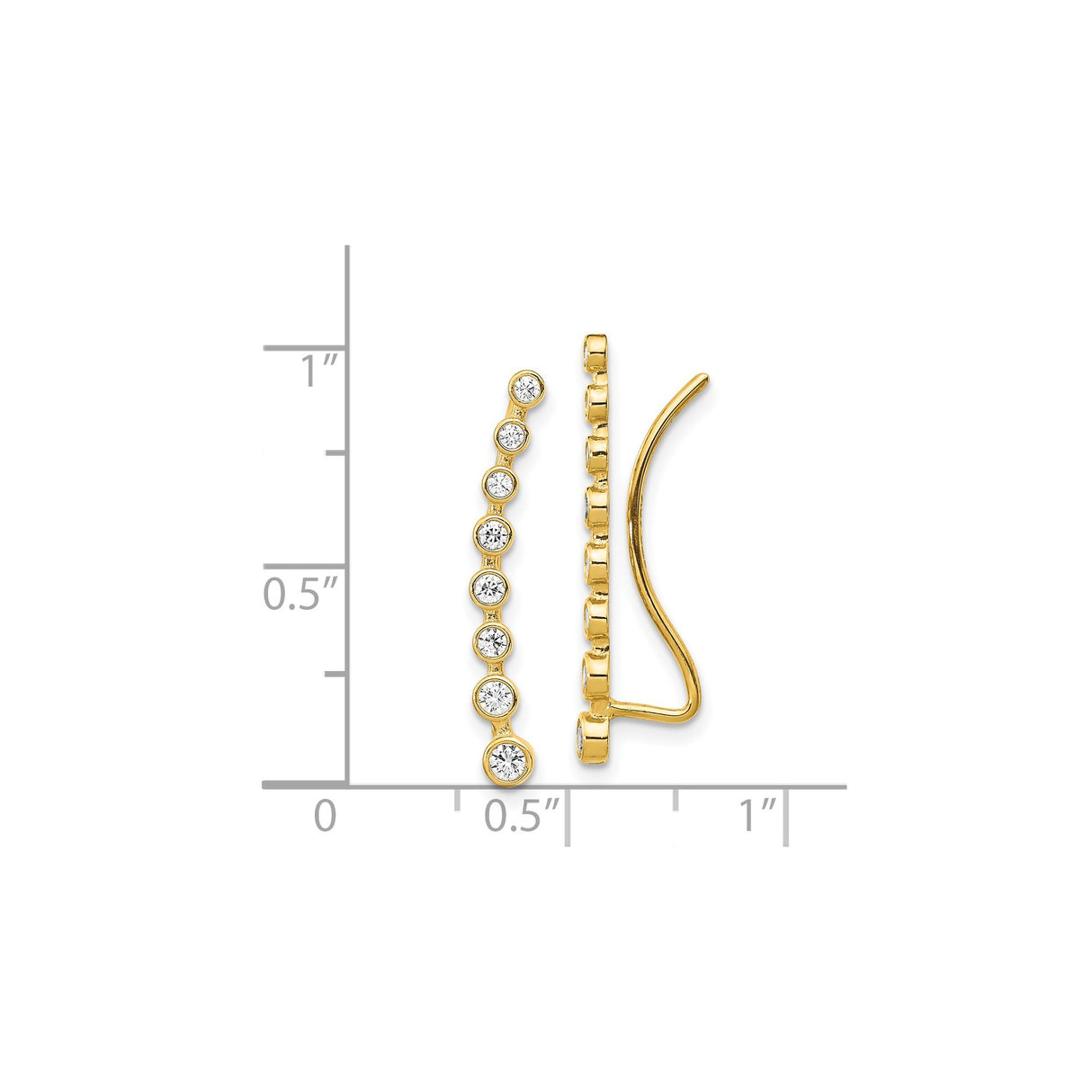 14k Yellow Gold Ear Climber Earrings with Cubic Zirconia, Curved Minimalist Design for Women
