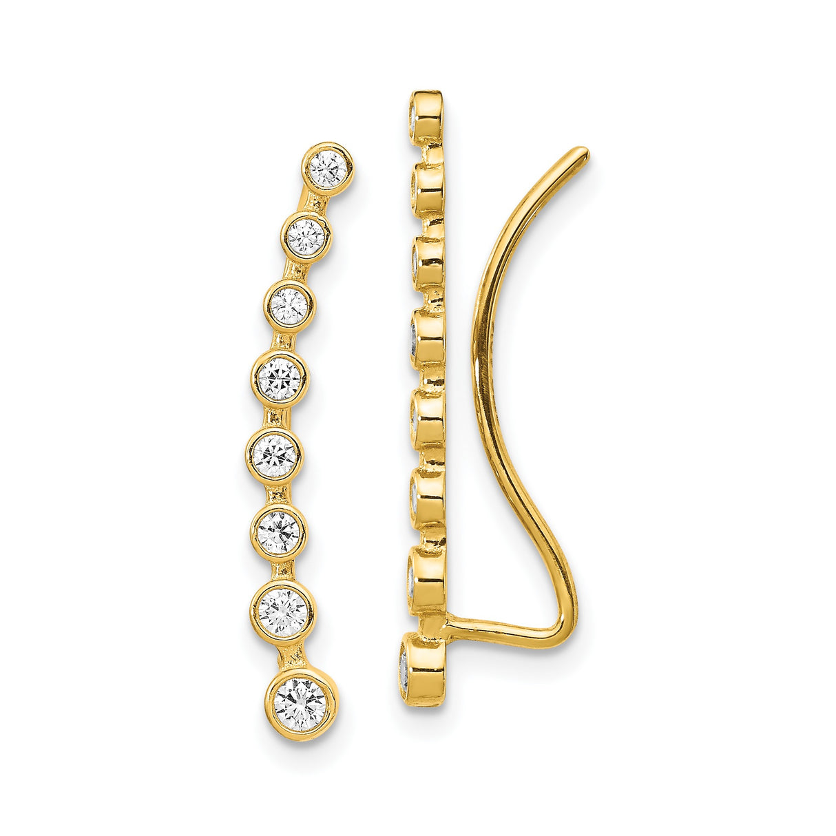 14k Yellow Gold Ear Climber Earrings with Cubic Zirconia, Curved Minimalist Design for Women