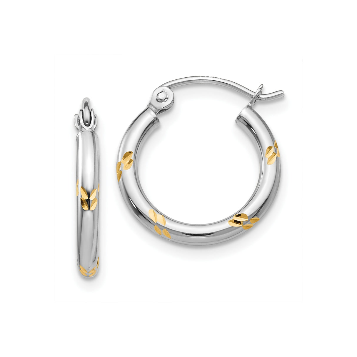 14k White Gold Hoop Earrings with Yellow Gold Floral Accents, Two-Tone Design