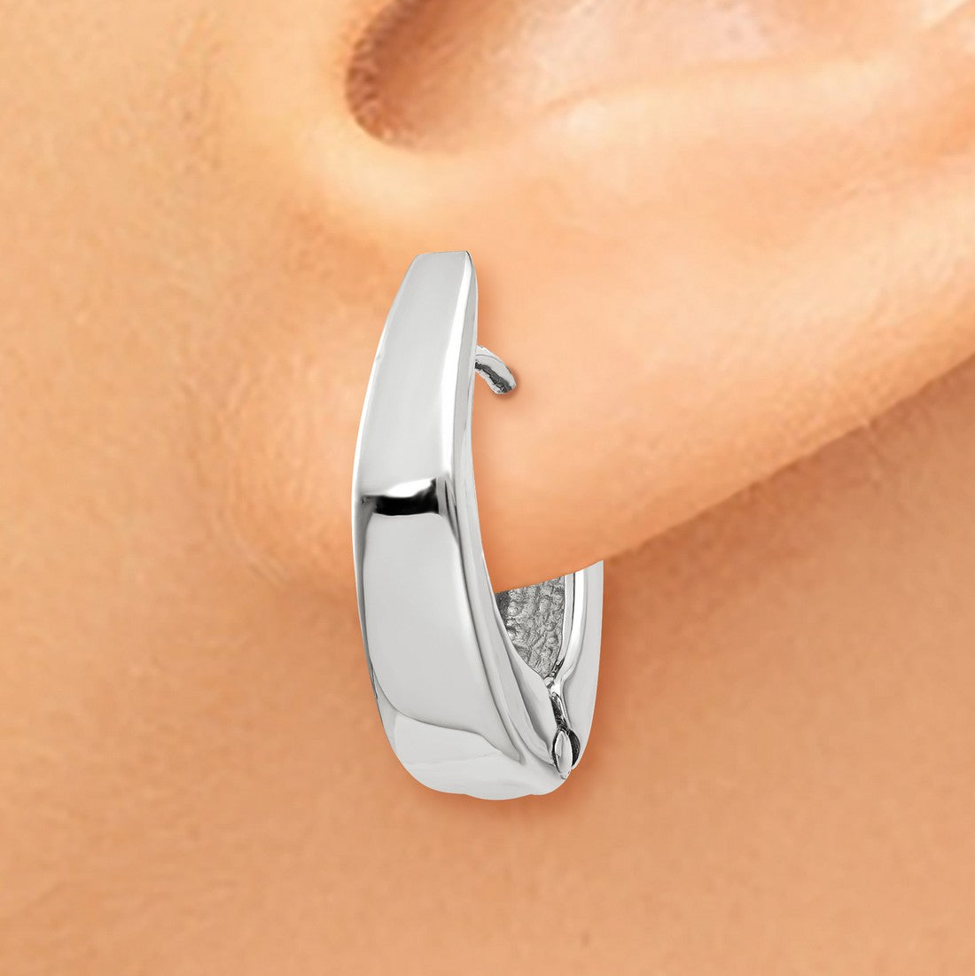 14k White Gold Huggie Hoop Earrings, Modern U-Shape Minimalist Oval Design for Women