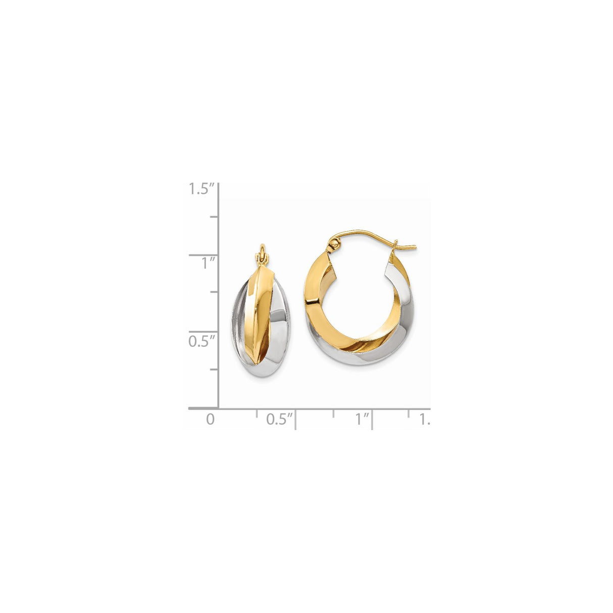 14k Yellow Gold Hoop Earrings, Two-Tone Twisted Polished Barrel Design, Lightweight for Women