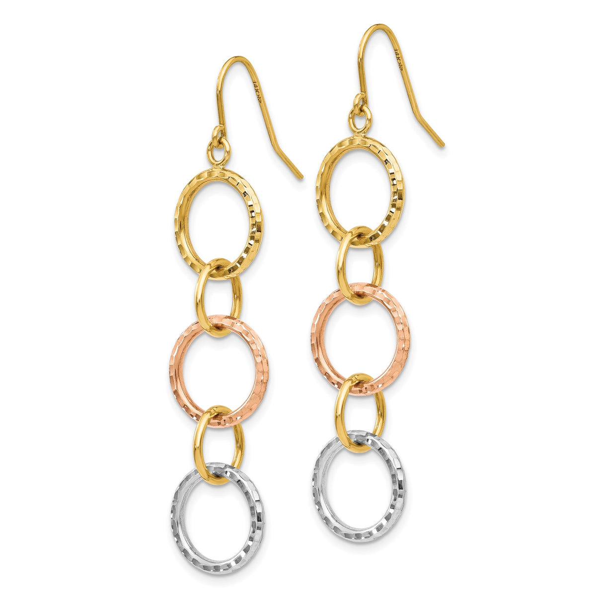 14k Tri-Color Gold Dangle Earrings with Interlocking Textured Rings, Modern Circular Design