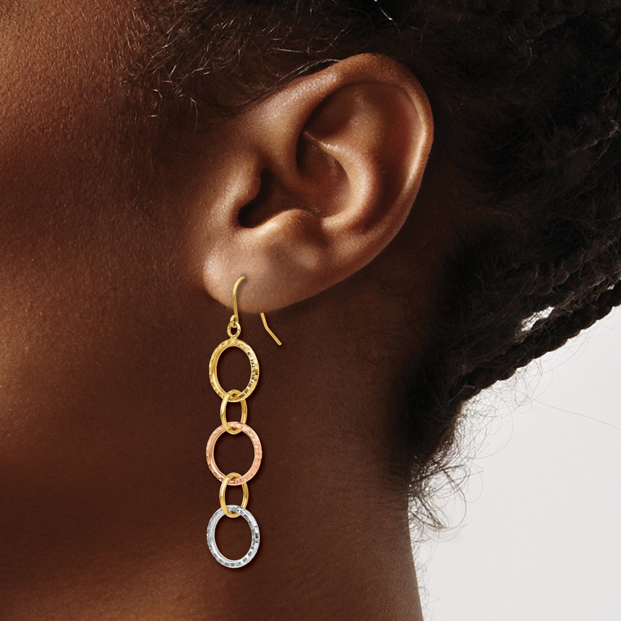 14k Tri-Color Gold Dangle Earrings with Interlocking Textured Rings, Modern Circular Design
