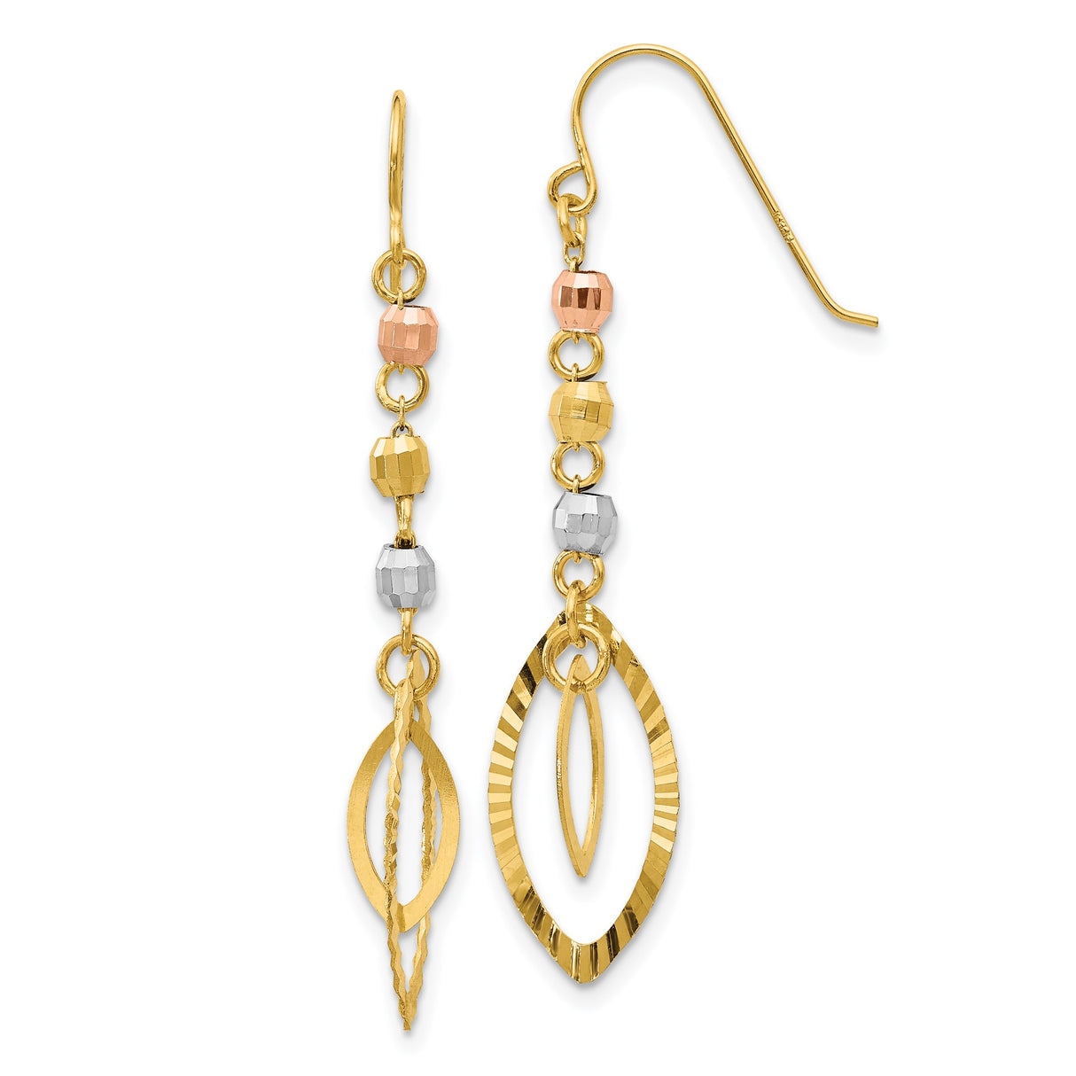 14k Tri-Color Gold Dangle Earrings, Diamond-Cut Bead Marquise Drops for Women