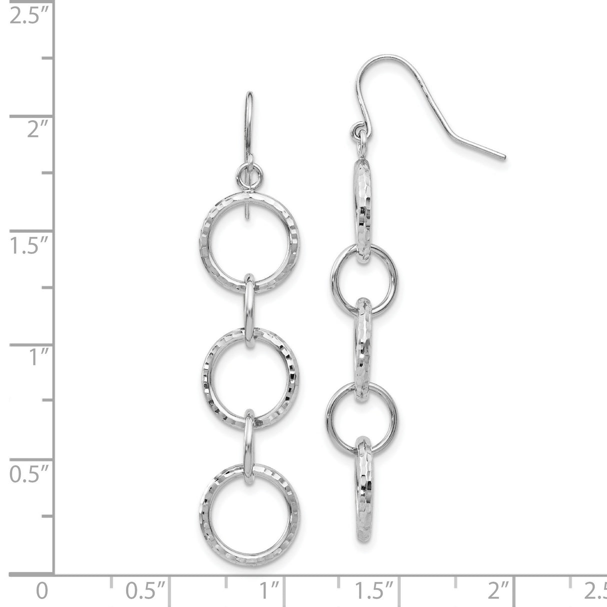 14k White Gold Dangle Earrings with Three Linked Open Circles, Textured Modern Design