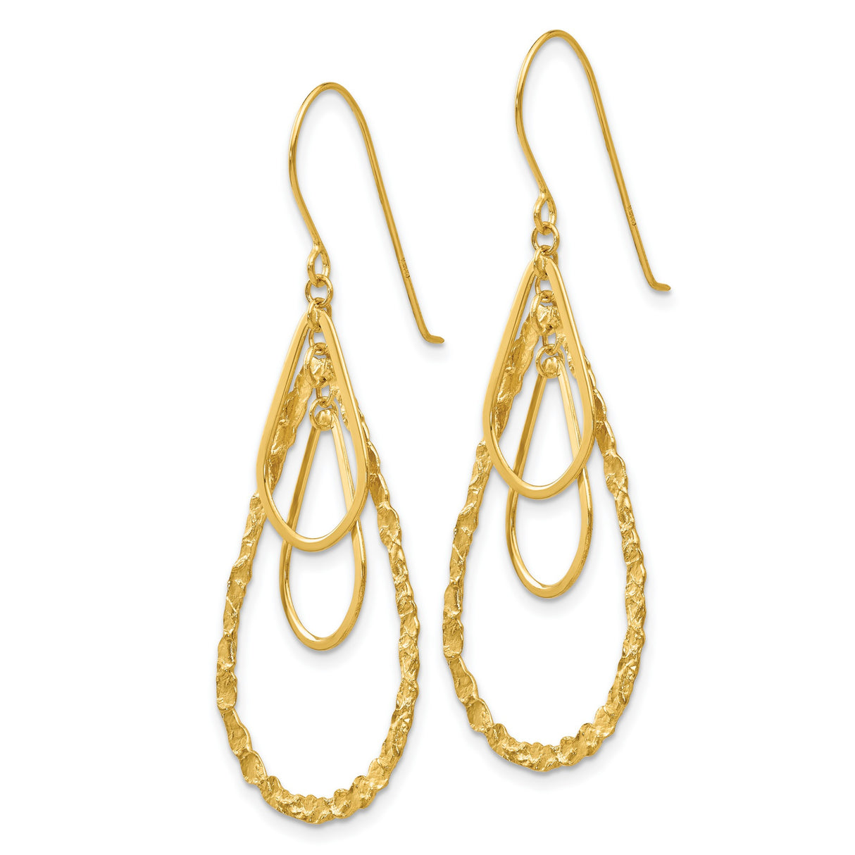 14k Yellow Gold Dangle Earrings, Layered Teardrop with Polished and Textured Finish