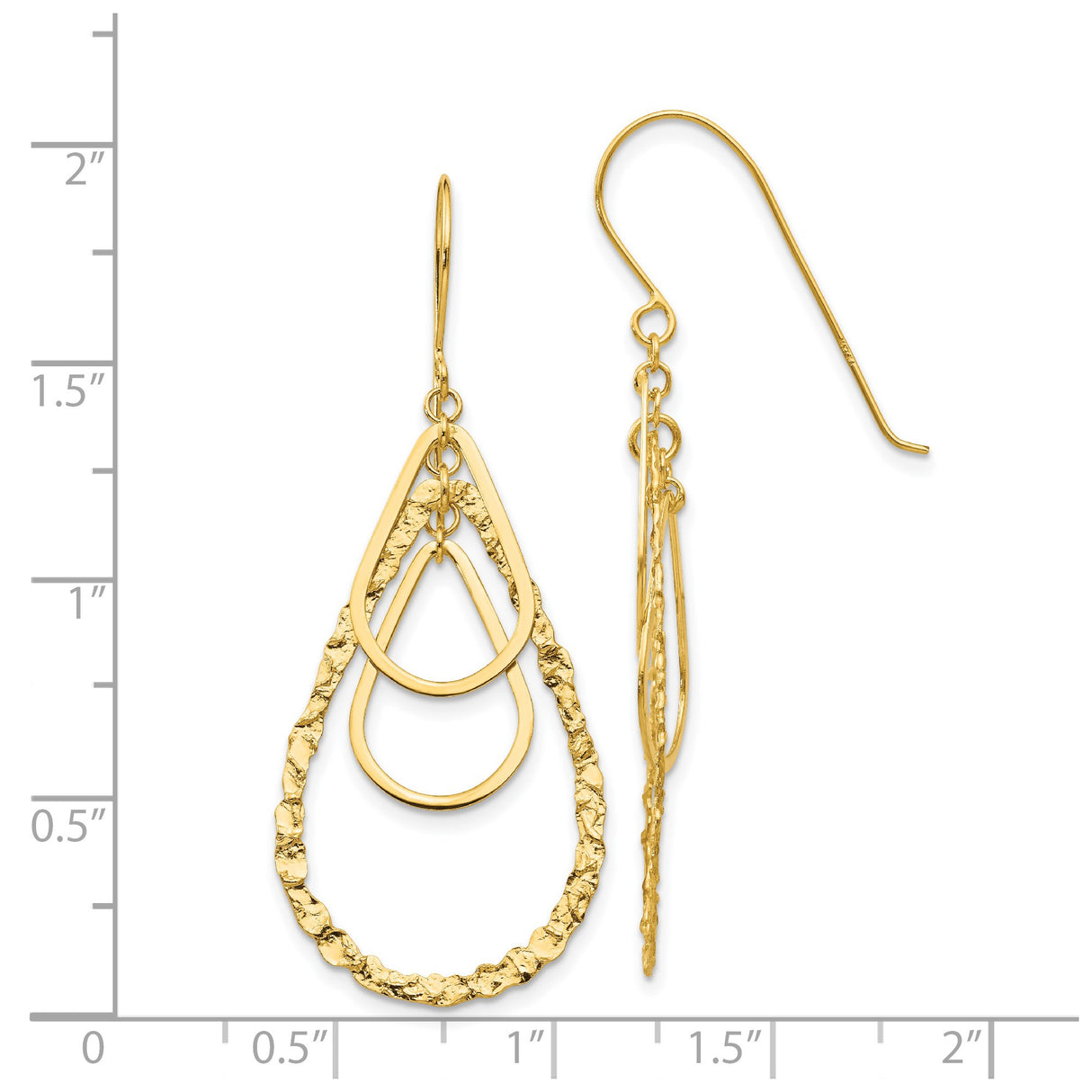 14k Yellow Gold Dangle Earrings, Layered Teardrop with Polished and Textured Finish
