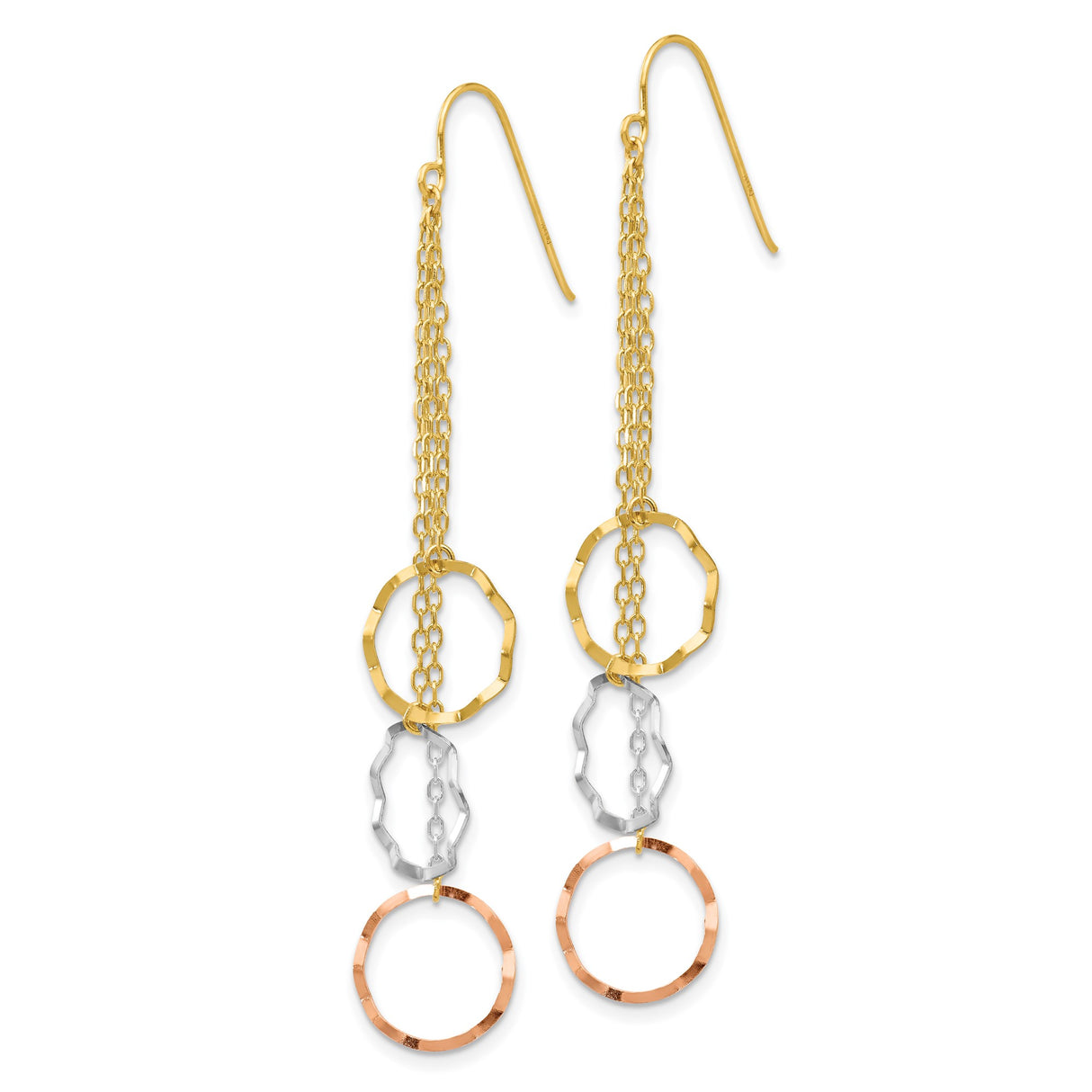 14k Tri-Color Gold Dangle Earrings with Open Circle Drops on Delicate Chains for Women