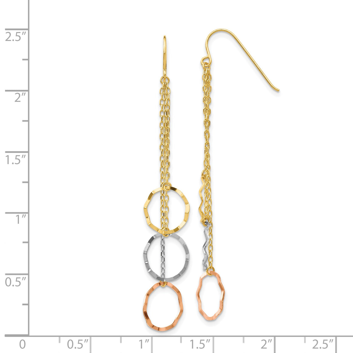 14k Tri-Color Gold Dangle Earrings with Open Circle Drops on Delicate Chains for Women