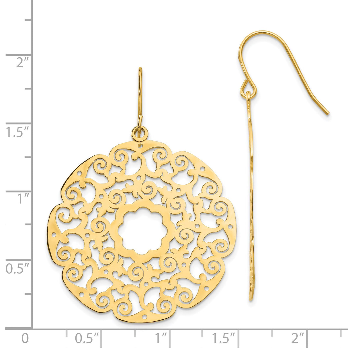 14k Yellow Gold Dangle Earrings with Openwork Floral Mandala and Scroll Design