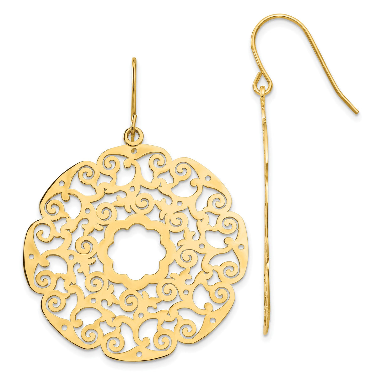 14k Yellow Gold Dangle Earrings with Openwork Floral Mandala and Scroll Design