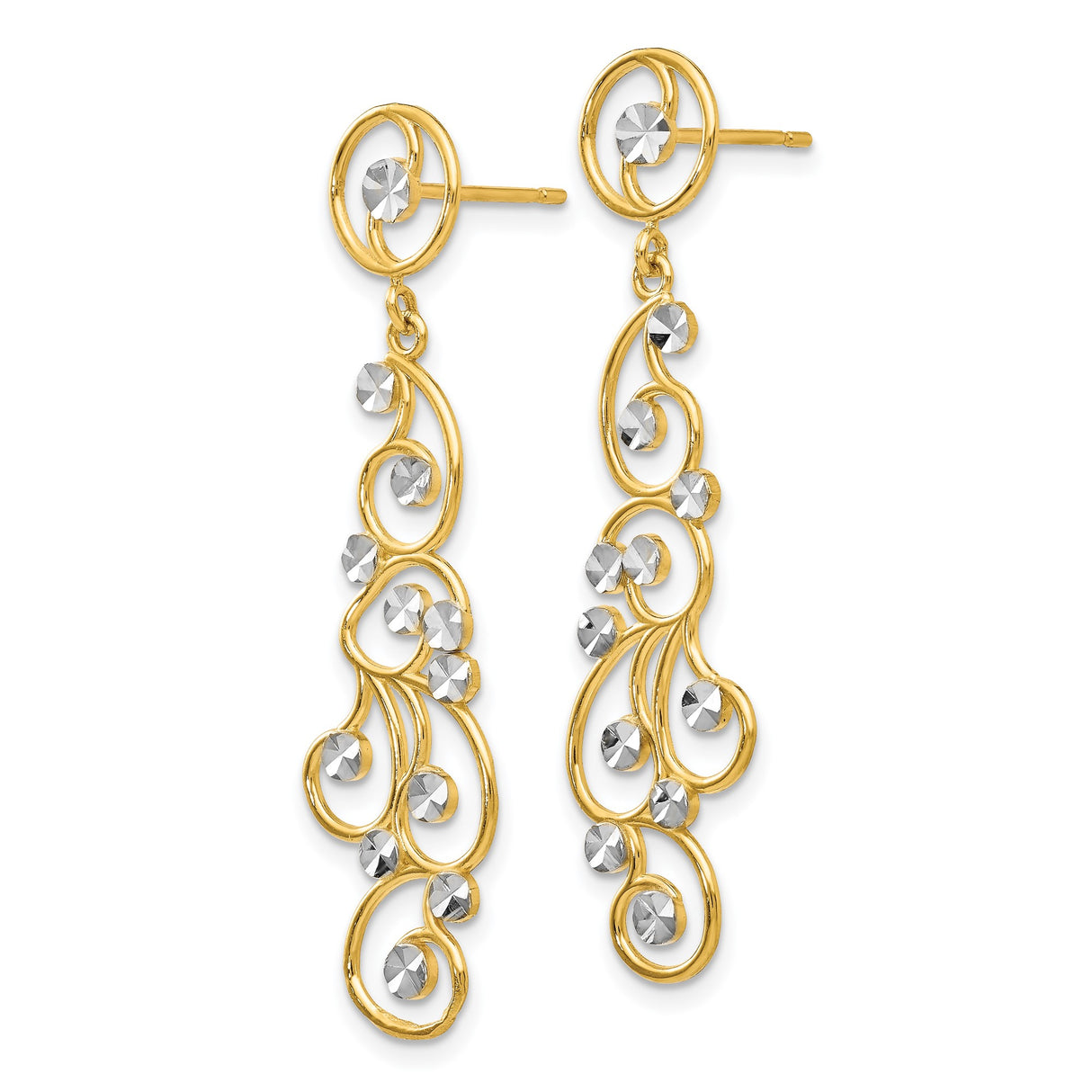 14k Yellow Gold Dangle Earrings with Rhodium Accents, Open Swirl Filigree Design