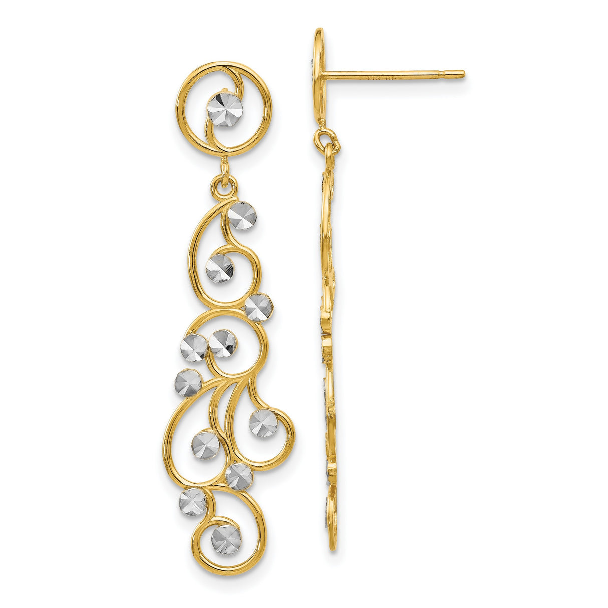 14k Yellow Gold Dangle Earrings with Rhodium Accents, Open Swirl Filigree Design