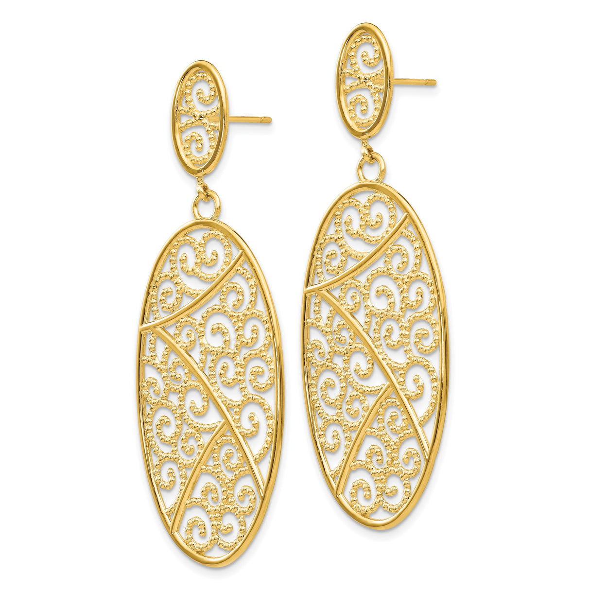 14k Yellow Gold Dangle Earrings, Openwork Filigree Scroll Design, Vintage-Inspired Swirl Pattern