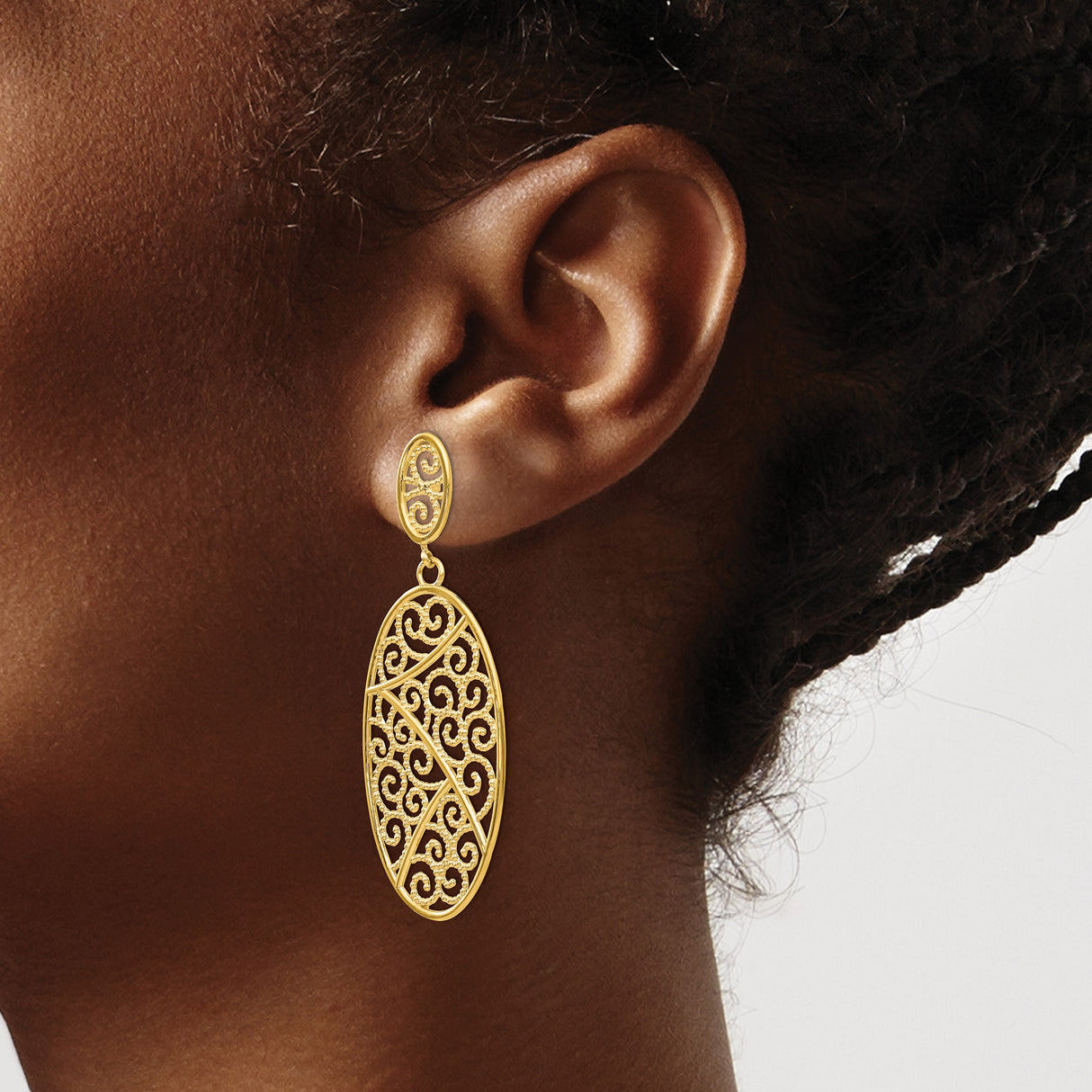 14k Yellow Gold Dangle Earrings, Openwork Filigree Scroll Design, Vintage-Inspired Swirl Pattern