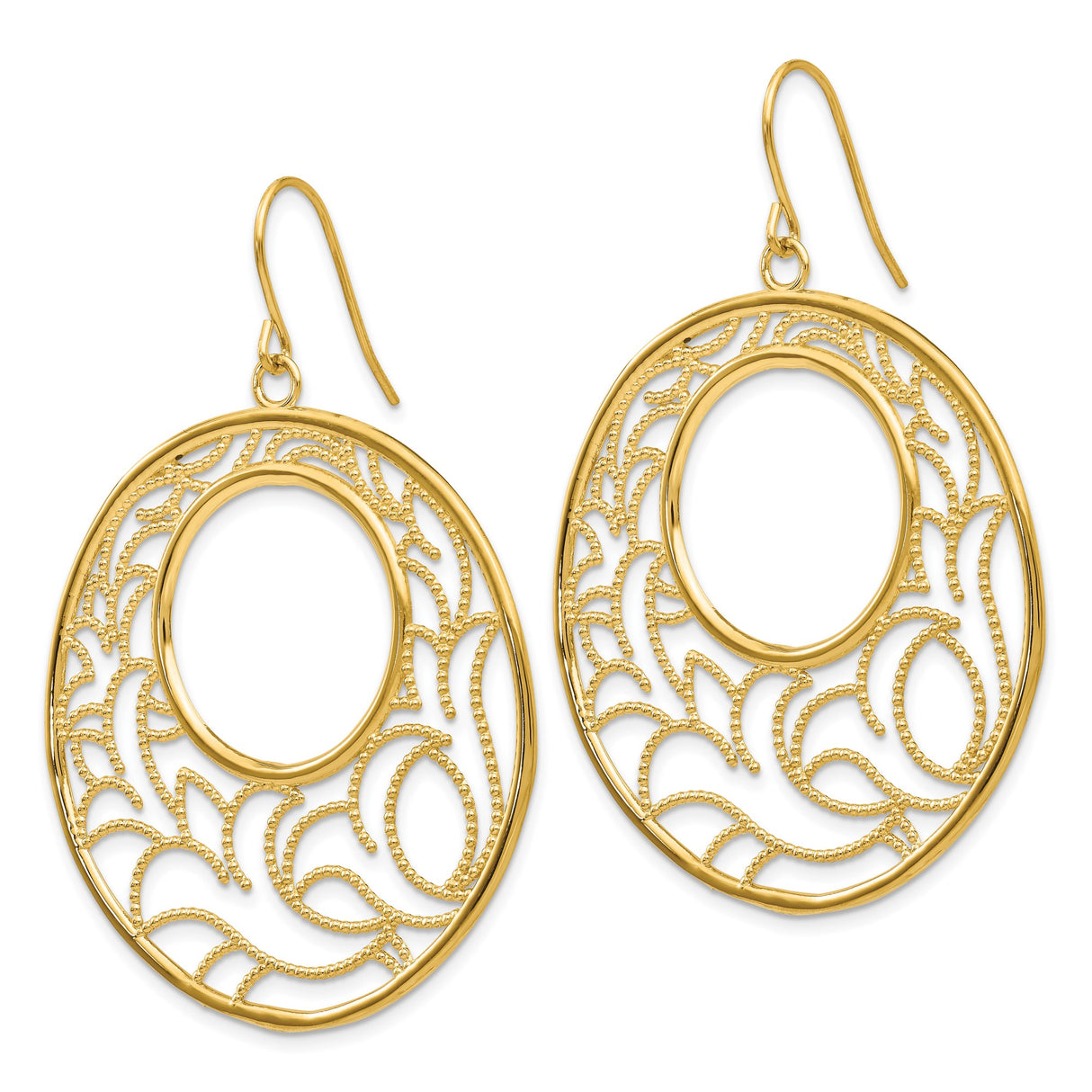14k Yellow Gold Dangle Earrings with Openwork Filigree and Textured Leaf Design