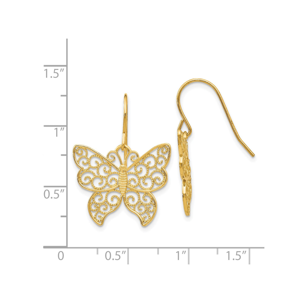 14k Yellow Gold Dangle Earrings with Openwork Butterfly and Scroll Design