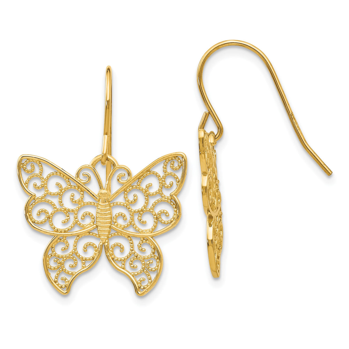 14k Yellow Gold Dangle Earrings with Openwork Butterfly and Scroll Design