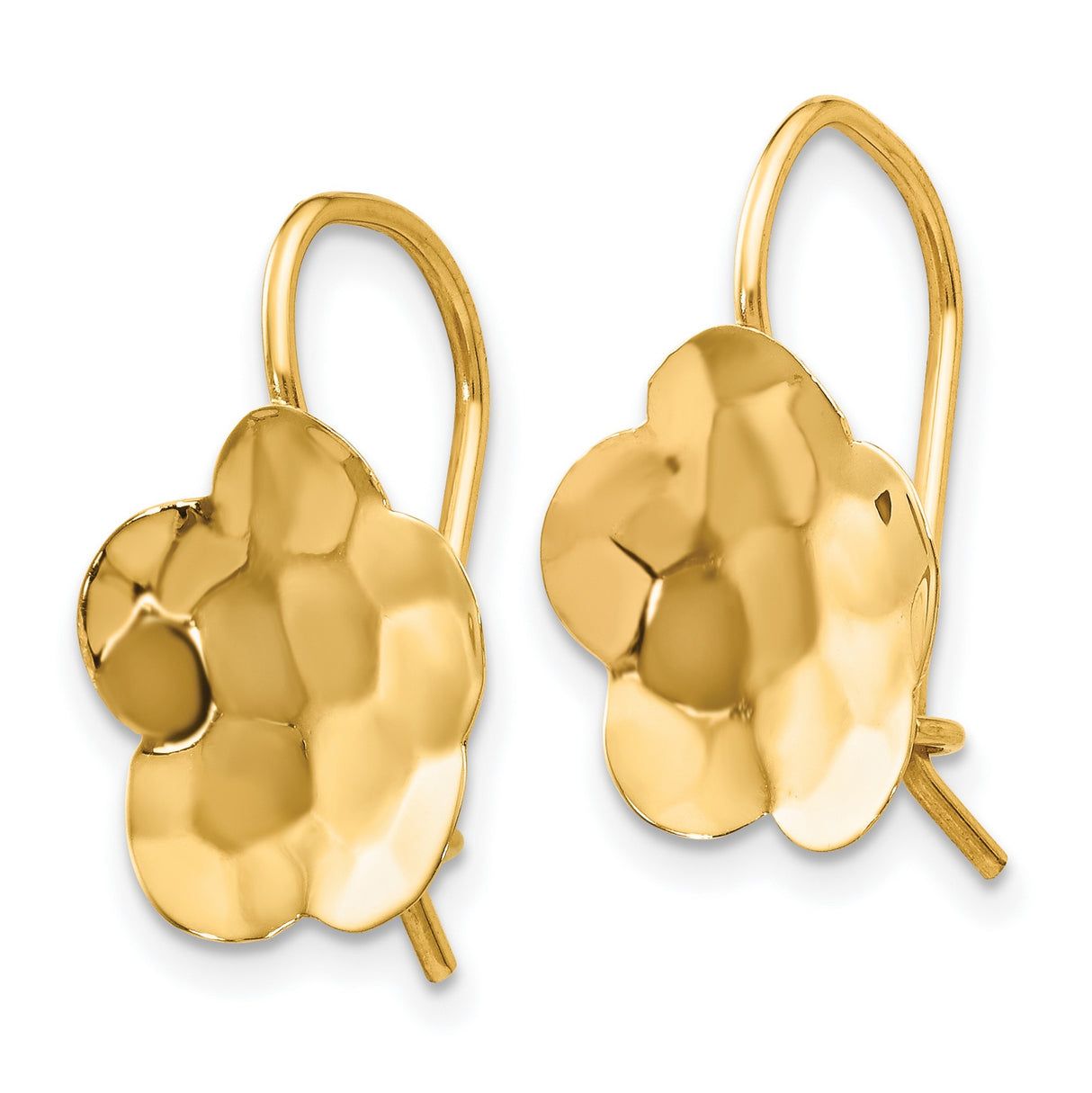 14k Yellow Gold Drop Earrings, Lightweight Floral Clover Dangles with Hammered Texture