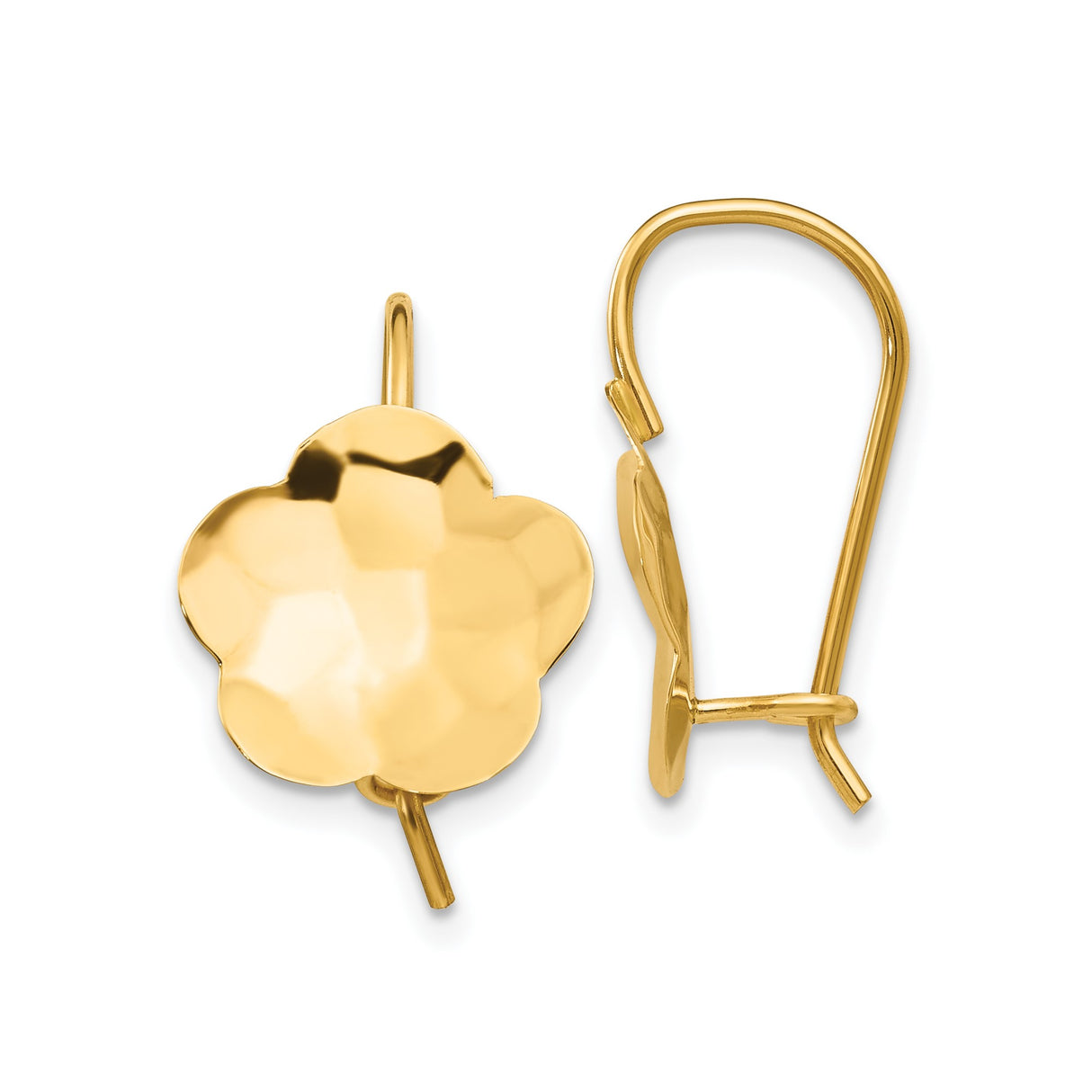 14k Yellow Gold Drop Earrings, Lightweight Floral Clover Dangles with Hammered Texture