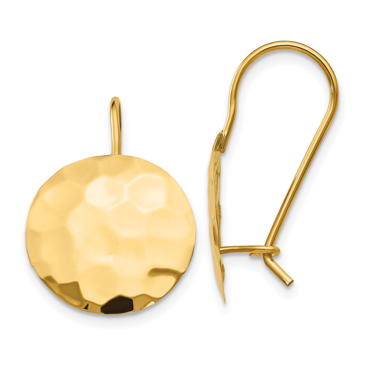 14k Yellow Gold Drop Earrings with Hammered Disc Design, Polished Finish, Lightweight and Modern