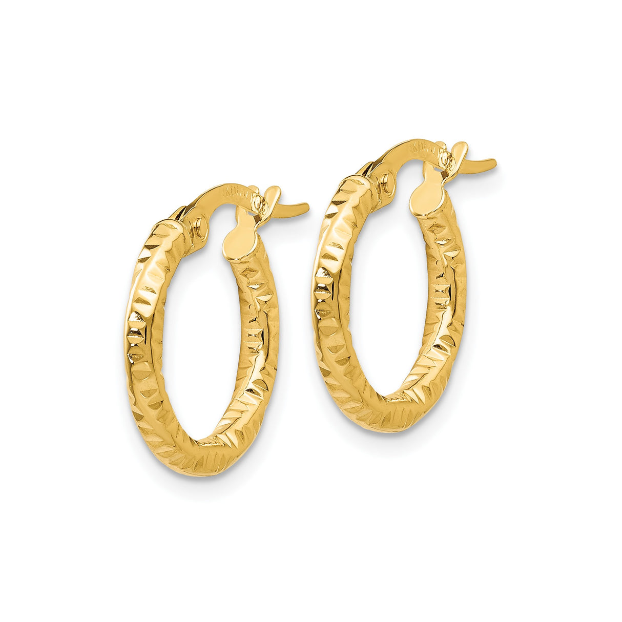 14k Yellow Gold Hoop Earrings, Diamond Cut Textured Hinged Hoops with Polished Finish