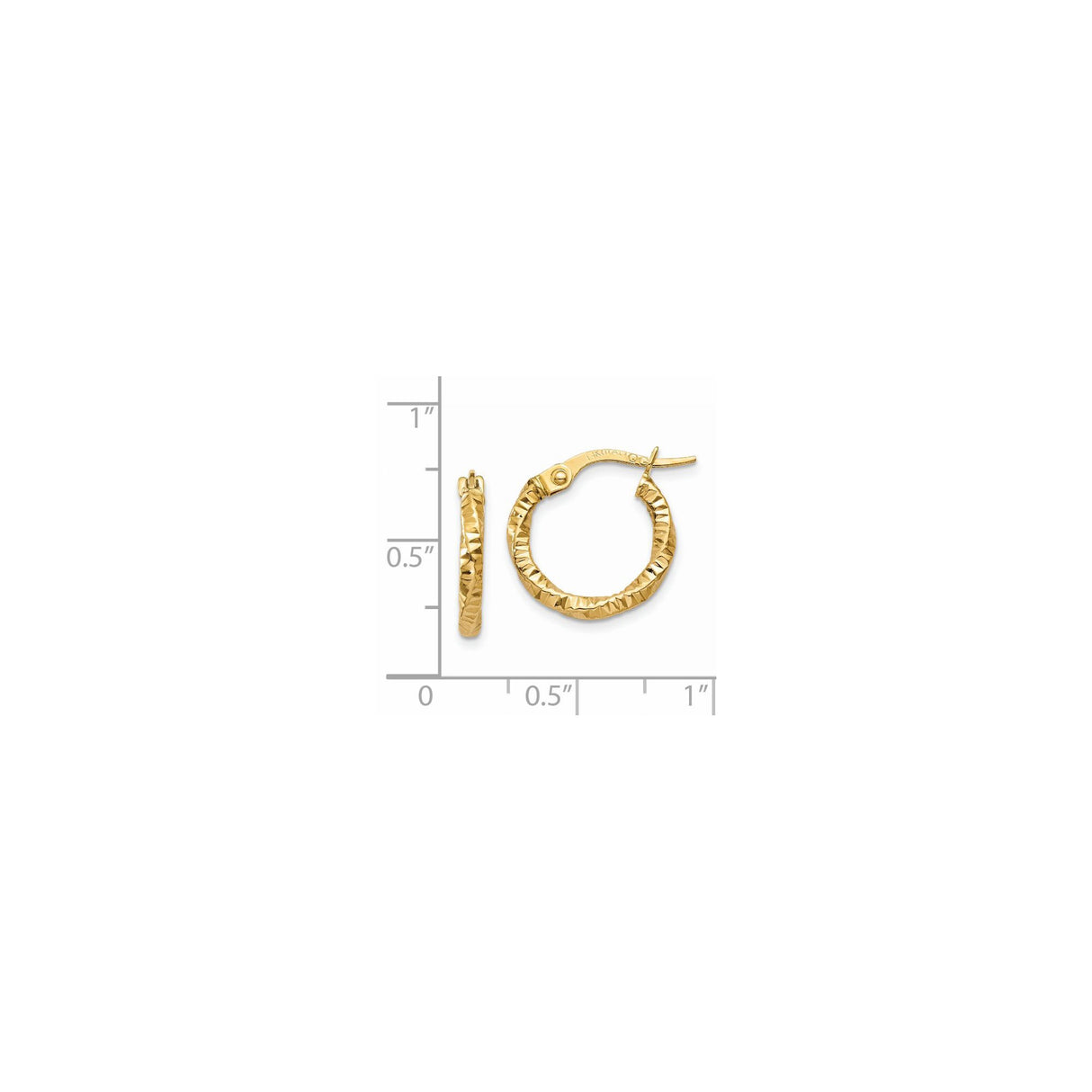 14k Yellow Gold Hoop Earrings, Diamond Cut Textured Hinged Hoops with Polished Finish