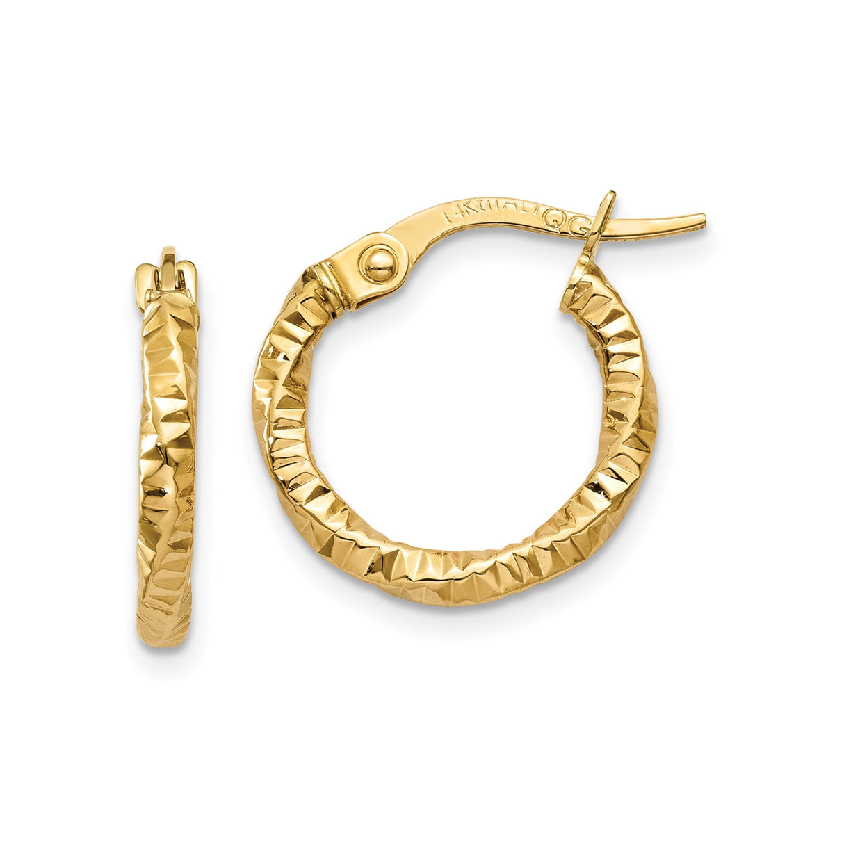 14k Yellow Gold Hoop Earrings, Diamond Cut Textured Hinged Hoops with Polished Finish