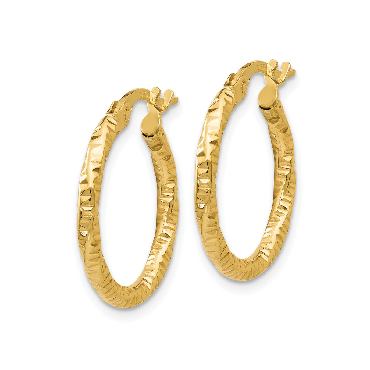 14k Yellow Gold Hoop Earrings, Textured Faceted Diamond Cut, Lightweight Classic Style for Women