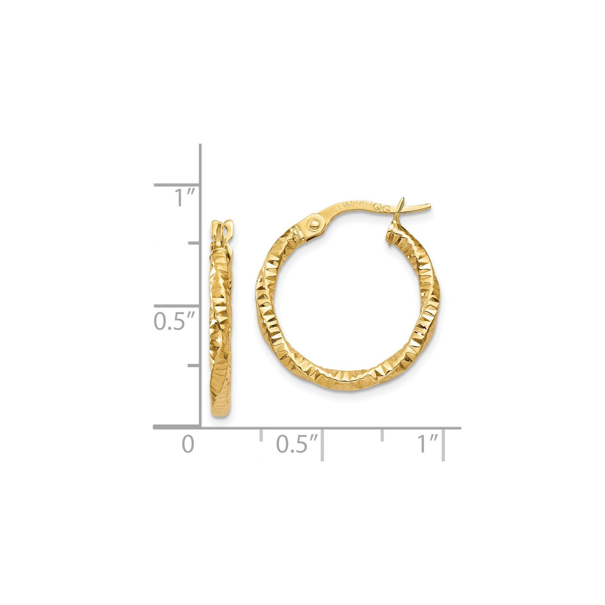 14k Yellow Gold Hoop Earrings, Textured Faceted Diamond Cut, Lightweight Classic Style for Women
