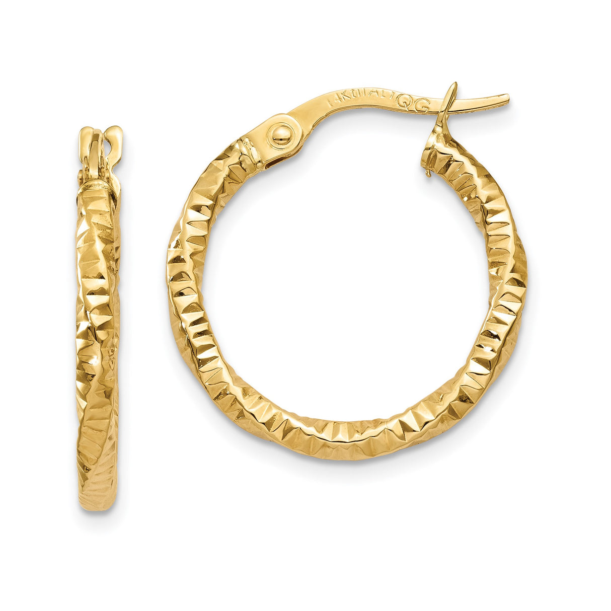 14k Yellow Gold Hoop Earrings, Textured Faceted Diamond Cut, Lightweight Classic Style for Women