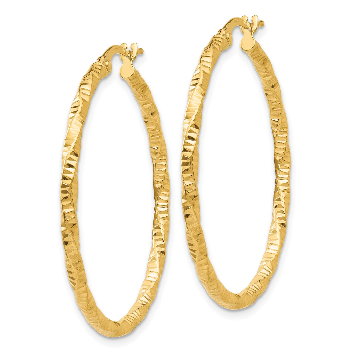 14k Yellow Gold Hoop Earrings, Twisted Diamond Cut, Textured Lightweight Sparkle Finish